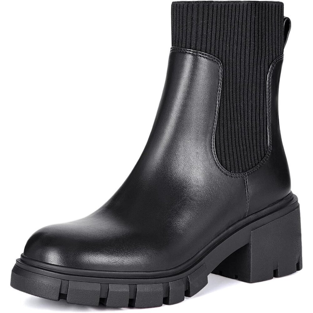 Women's Black Chelsea Platform Boots Slip On Lug Sole Chunky Ankle Booties